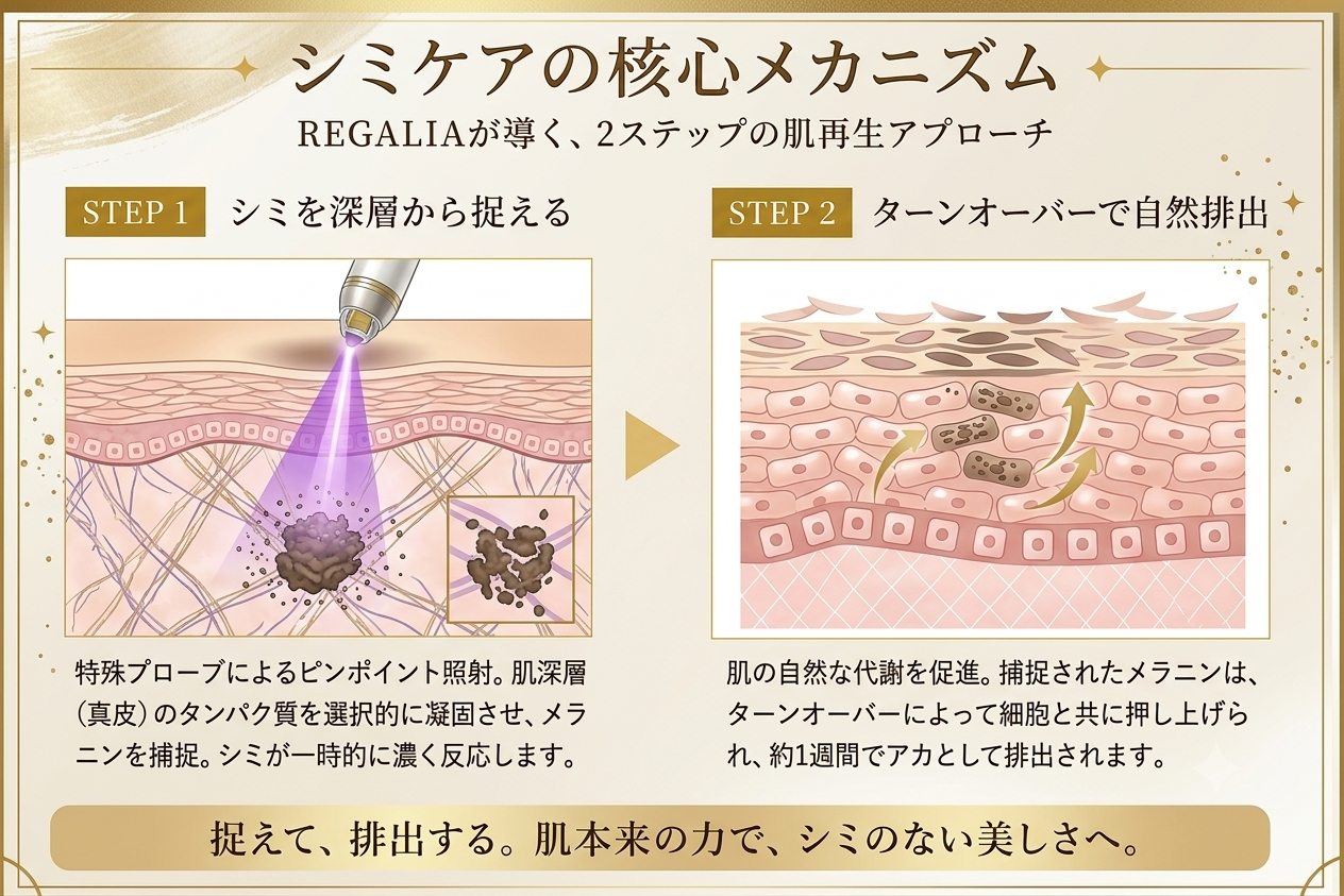 シミケアの核心メカニズム：ステップ1でシミを深層から捉え、ステップ2でターンオーバーで自然排出する